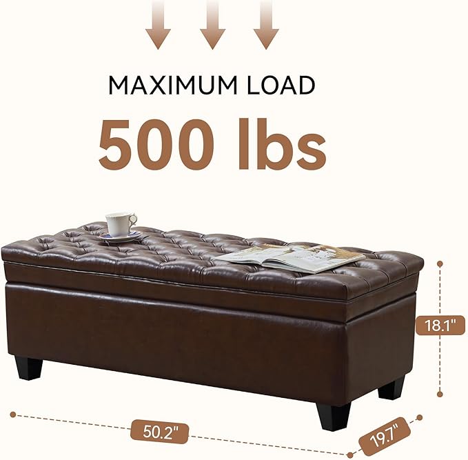 50" Faux Leather Storage Ottoman Bench, Rectangular End of Bed Storage Bench, Upholstered Large Tufted Ottoman with Storage for Living Room, Bedroom, Entryway,Dark Brown