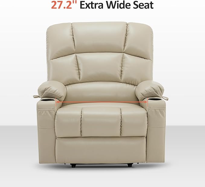 MCombo Oversized Dual Motor Power Lift Recliner Chair Sofa with Massage and Heat for Big Elderly People, Infinite Position, USB Ports, Faux Leather R7677 (Beige, Medium-Oversize)