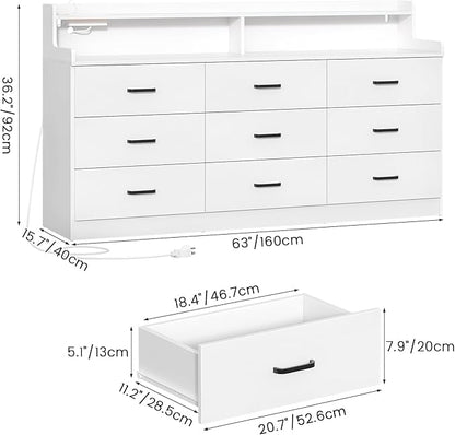Bigbiglife 9 Drawer Dresser with Built in Power Outlet and LED Light, Modern Chest of Drawers for Bedroom, Triple Wide Drawer Organizer Cabinet for Living Room, Entryway, Hallway, Antique White