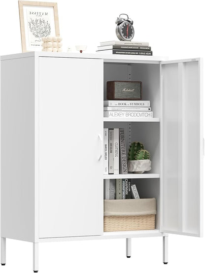 Metal Locker Storage Cabinet, Accent Sideboard Cabinet with Adjustable Shelves for Home Office, Garage, Kitchen, Living Room (White, 40" H-Metal Doors)