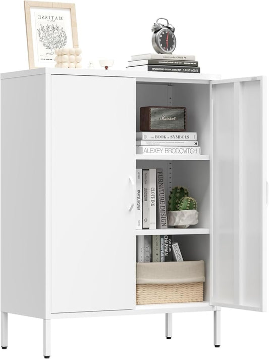 Metal Locker Storage Cabinet, Accent Sideboard Cabinet with Adjustable Shelves for Home Office, Garage, Kitchen, Living Room (White, 40" H-Metal Doors)
