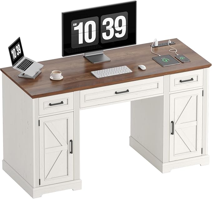 ONBRILL 55 inch Farmhouse Executive Desk with Drawers, Home Office Desk with File Cabinet, Outlets, Storage Cabinet, Keyboard Tray, Wood Computer Desk for Work Study Writing, Off White & Walnut