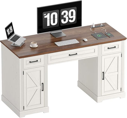 ONBRILL 55 inch Farmhouse Executive Desk with Drawers, Home Office Desk with File Cabinet, Outlets, Storage Cabinet, Keyboard Tray, Wood Computer Desk for Work Study Writing, Off White & Walnut