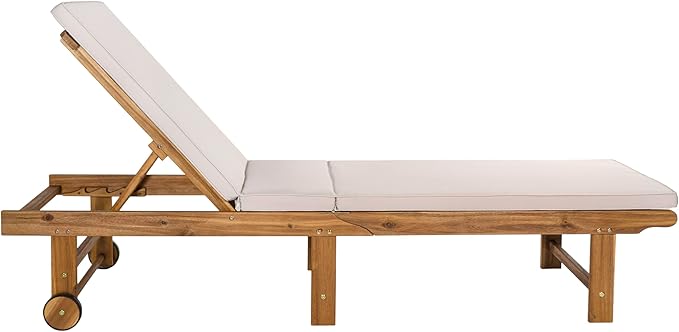 JONATHAN Y LNG1102A Mallorca 77.17"x23.62" Modern Classic Foldable Adjustable Wood Chaise Outdoor Lounge Chair with Cushion & Wheels, for Pool, Deck, Poolside, Beige/Natural