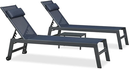 PURPLE LEAF Outdoor Lounge Chair Set of 3 Patio Chaise Pool Lounger Aluminum Frame with Side Table and Wheels for Outside Sunbathing Tanning Recliner Including Pillows Navy Blue