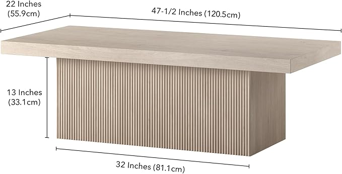 Henn&Hart 48" Fluted Low-Profile Coffee Table with Solid Base for Living Room, Family Room, or Office, Alder White