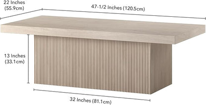 Henn&Hart 48" Fluted Low-Profile Coffee Table with Solid Base for Living Room, Family Room, or Office, Alder White