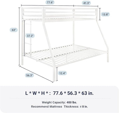 Allewie Metal Bunk Bed Twin Over Full Size for Junior & Adults with Ladder and Heavy Duty Guardrail, Small Space Saving Design for Bedroom Kid Room and Dorm, White