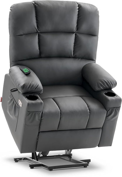 MCombo Medium Lay Flat Dual Motor Power Lift Recliner Chair Sofa with Massage and Heat for Elderly People, Infinite Position, Faux Leather 7679 (Dark Grey, Medium)