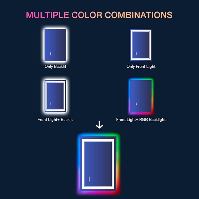 24x36 inch RGB LED Bathroom Mirror with Lights, Colorful Changing Lighted Mirror, Shatterproof Dimmable Anti-Fog LED Vanity Mirror for Bathroom (RGB Backlit + Front-Lit)