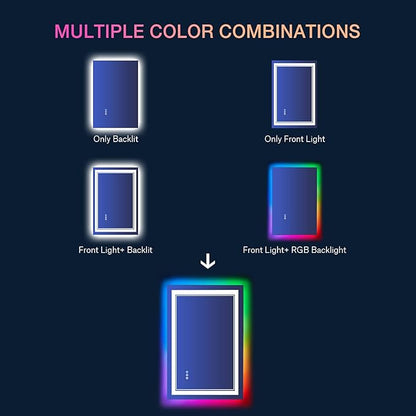 24x36 inch RGB LED Bathroom Mirror with Lights, Colorful Changing Lighted Mirror, Shatterproof Dimmable Anti-Fog LED Vanity Mirror for Bathroom (RGB Backlit + Front-Lit)