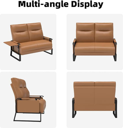 Faux Leather Loveseat, Upholstered Loveseat with Side Tray Table & Storage Pocket, Small Loveseat for Living Room, Modern 2 Seater Sofa Couch for Small Spaces, Bedroom, Brown