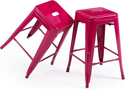 Vogue Furniture Direct 24 Inch Metal Bar Stools, Backless Counter Height Barstools, Indoor Outdoor Stackable Stools with Square Seat, Set of 2 (Hot Pink)