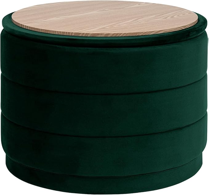 PINPLUS Large Round Velvet Storage Ottoman, Bottle Green Upholstered Footstool with Hidden Storage, Sturdy Coffee Table Ottoman for Living Room & Bedroom