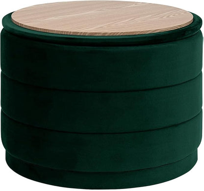 PINPLUS Large Round Velvet Storage Ottoman, Bottle Green Upholstered Footstool with Hidden Storage, Sturdy Coffee Table Ottoman for Living Room & Bedroom