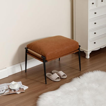 HEAH-YO Modern Footstool Ottoman Set of 1, Upholstered PU Leather Fabric Footrest Ottoman with Metal Legs, Small Footrest Extra Seating for Living Room Entryway, Brown