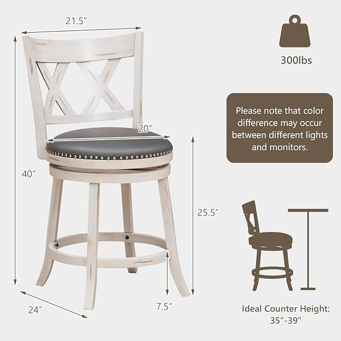COSTWAY Bar Stool Set of 2 for Kitchen Island, 25.5” Swivel Armless Counter Height Stools with 20'' Wider Padded Seat, Ergonomic Curved Backrest, Rubber Wood Frame (2, Antique White + Gray)