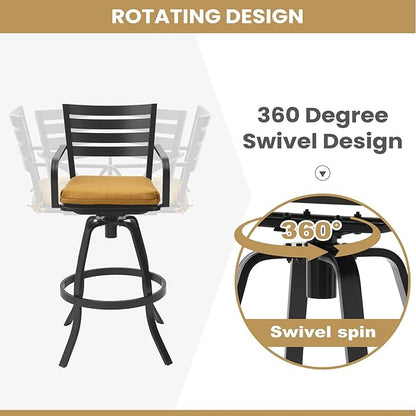Pellebant Outdoor Bar Stools Set of 4 with Sunbrella Cushion, 29.5" Aluminum Swivel Bar Height Stool Chairs with Back & Footrest, Rust-Proof Patio Bartools for Deck Lawn Garden,Teak