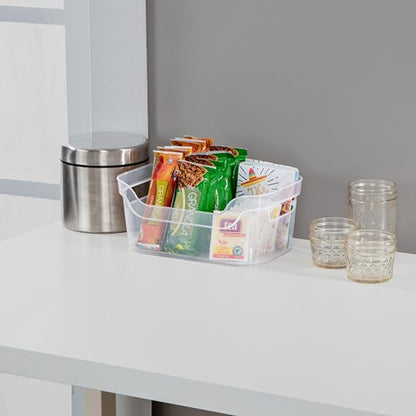 Sterilite 9.5 x 6.5 x 4 Inch Small Open Scoop Front Clear Storage Bin with Comfortable Carry Through Handles for Household Organization (32 Pack)