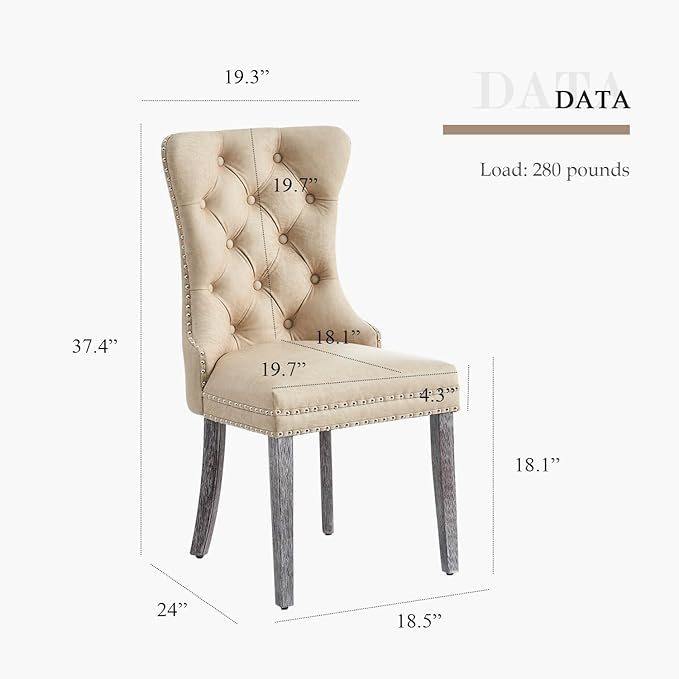 Leather Dining Chair Set of 6, Dining Room Chairs with Nailhead Ring Pull Trim, Upholstered Dining Chairs with Solid Wood Legs for Kitchen Dining Room (Beige)