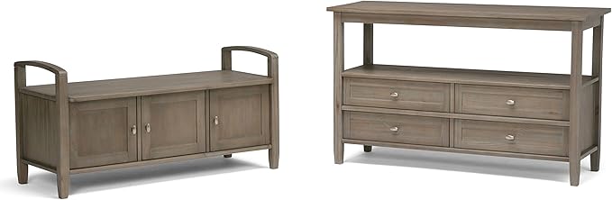 SIMPLIHOME Warm Shaker Entryway Storage Bench - 44 inch Wide Solid Wood Storage Seat in Distressed Grey, Transitional Bench Seat for Mudroom or Living Room with Lift-Up Lid and Shaker-Style Panels