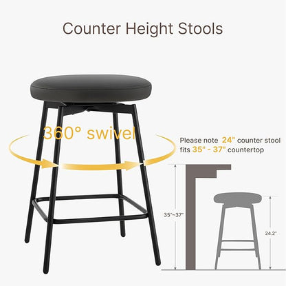 Swivel Bar Stools Set of 3, 24" Counter Height Bar Stool, Backless Barstools with Faux Leather Upholstered Seat&Sturdy Wood Legs for Kitchen Island, Black