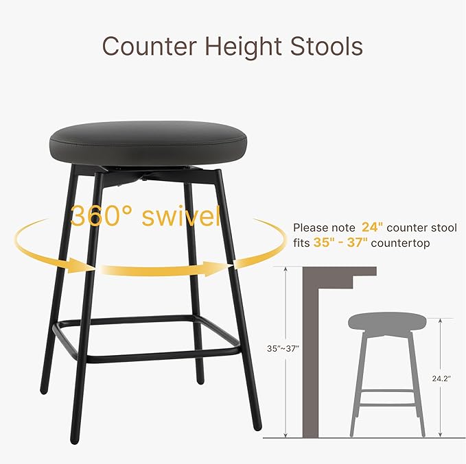 Swivel Bar Stools Set of 4, 24" Counter Height Bar Stool, Backless Barstools with Faux Leather Upholstered Seat&Sturdy Wood Legs for Kitchen Island, Black
