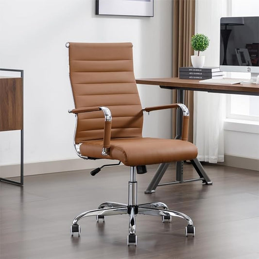 Office Desk Chair Leather, Conference Room Chairs with Wheels, Executive Modern High Back Ergonomic Swivel Rolling Ribbed Computer Chair
