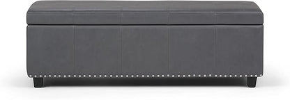 SIMPLIHOME Kingsley 48 inch Wide Transitional Rectangle Large Storage Ottoman in Stone Grey Vegan Faux Leather, Assembled, For the Living Room, Entryway and Family Room