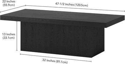 Henn&Hart 48" Fluted Low-Profile Rectangular Coffee Table with Solid Base for Living Room, Family Room, or Office, Black Grain