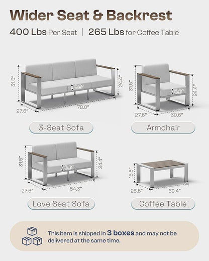 Aluminum Outdoor Furniture Set, 4 Seats Outdoor Patio Conversation Sets with Ergonomic Seat and Wide Washable Thick Cushions, Modern Patio Sectional Furniture for Balcony, Porch (Gray)