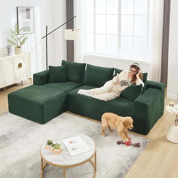 PELUMY 108.7" L-Shaped Modular Sectional Sofa with Oversized Chaise, Cloud Couch with Memory Foam, No Assembly Required Sleeper Sofa for Small Space Living Room, Apartment (Green, Corduroy)