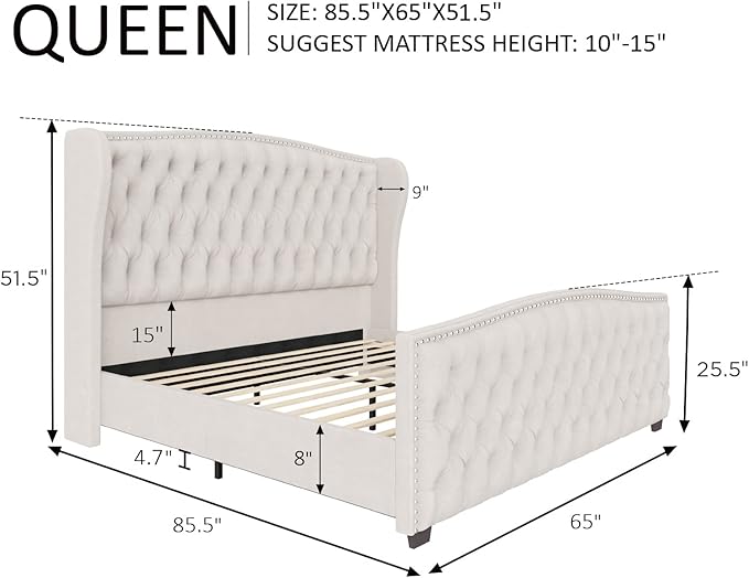 AMERLIFE Queen Size Platform Bed Frame, Velvet Upholstered Bed with Deep Button Tufted & Nailhead Trim Wingback Headboard/No Box Spring Needed/Cream