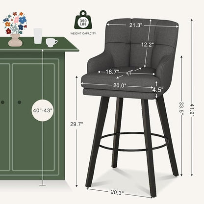 360°Swivel Counter Height Bar Stools with Back, 30 inch Solid Wood Legs, Bar Stool Modern Kitchen Island Chairs, Fabric (Black Grey- Fabric, 30" H- Set of 2)