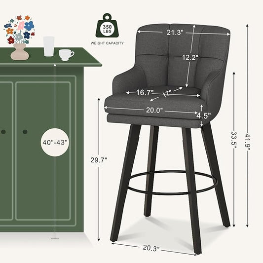 360°Swivel Counter Height Bar Stools with Back, 30 inch Solid Wood Legs, Bar Stool Modern Kitchen Island Chairs, Fabric (Black Grey- Fabric, 30" H- Set of 2)