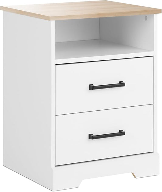 Prepac Rustic Ridge Farmhouse Nightstand Bedside Table, White and Oak Nightstand for Bedroom, End Table with 2 Drawers and Open Shelf 16.25" D x 18.75" W x 24.5" H