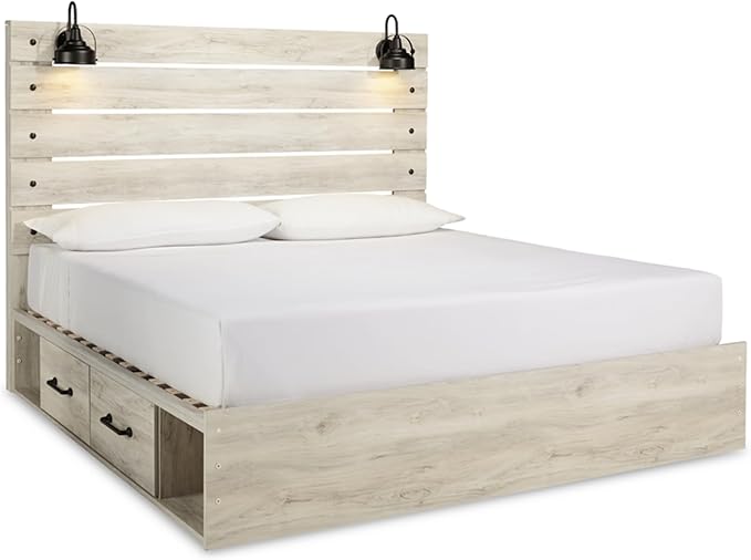 Signature Design by Ashley Cambeck Farmhouse King Panel Platform Bed with 2 Storage Drawers, Cubbies, Sconce Lights and USB Ports, Foundation or Box Spring Not Needed, Whitewash