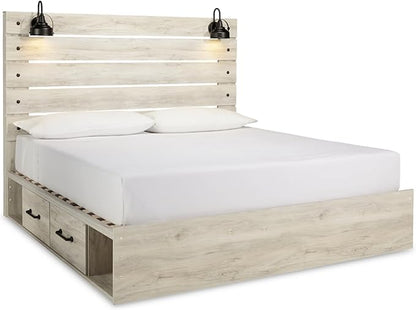 Signature Design by Ashley Cambeck Farmhouse King Panel Platform Bed with 2 Storage Drawers, Cubbies, Sconce Lights and USB Ports, Foundation or Box Spring Not Needed, Whitewash