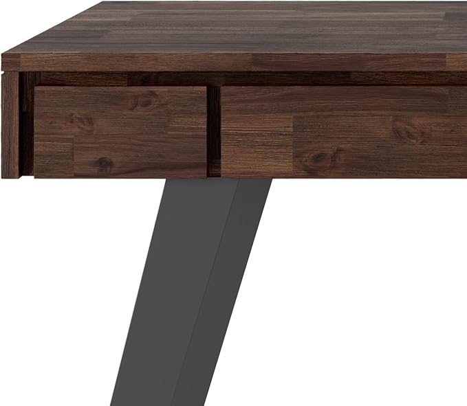 SIMPLIHOME Lowry Small Desk - 44-Inch Wide Solid Acacia Wood and Metal Writing Desk in Distressed Charcoal Brown, Modern Industrial Home Office Table with 2 Drawers and Flip-Down Keyboard Tray