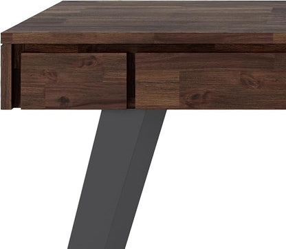 SIMPLIHOME Lowry Small Desk - 44-Inch Wide Solid Acacia Wood and Metal Writing Desk in Distressed Charcoal Brown, Modern Industrial Home Office Table with 2 Drawers and Flip-Down Keyboard Tray