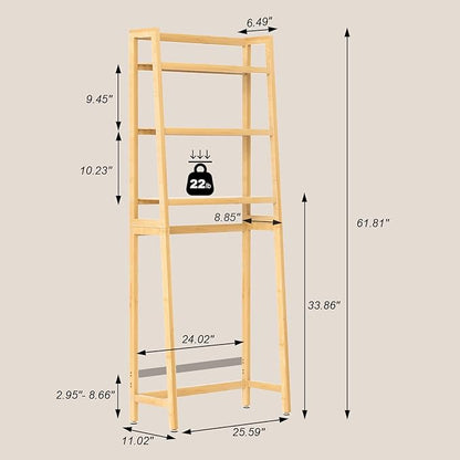 VASMIA Over The Toilet Storage,Bamboo 3-Tier Bathroom Organizer Over Toilet Storage Cabinet,Freestanding Space Saver with 3 Hooks Natural