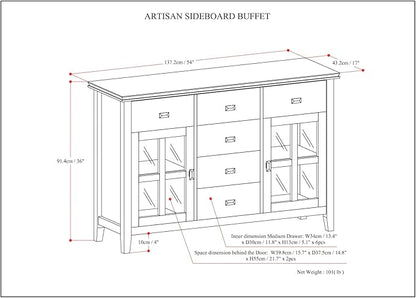 SIMPLIHOME Artisan Buffet - 54 inch Wide Solid Wood 3-Door Sideboard Buffet in White, Contemporary Storage Cabinet for Dining Room or Kitchen with Adjustable Shelves and Bronze Hardware