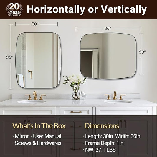 ANDY STAR Brushed Nickel Bathroom Mirror, 30x36’’ Oblong Mirror with Stainless Steel Metal Frame, Silver Oval Vanity Mirror for Over Sink, Modern Anti Rust Wall Mounted