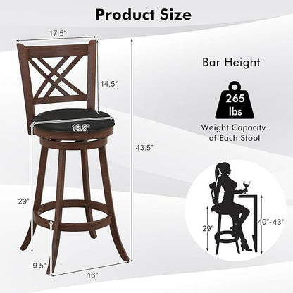 COSTWAY Bar Stool Set of 4 for Kitchen Island, Swivel Upholstered Bar Height Barstools with PU Surface, Rubber Wood Frame, 360° Rotatable Seat, Curved Back, Sturdy Footrest (4, 29" Seat Height)