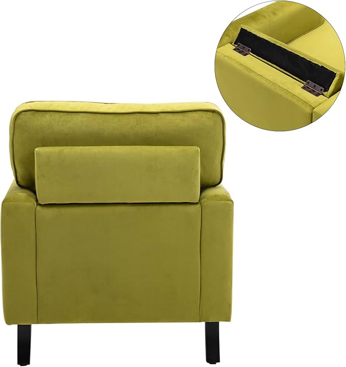 Velvet Upholstered Accent Chair Modern Single Sofa Chair with Thick Removable Back Cushion and Black Printed Legs Armchair for Living Room/Bedroom/Reading Room, Olive Green