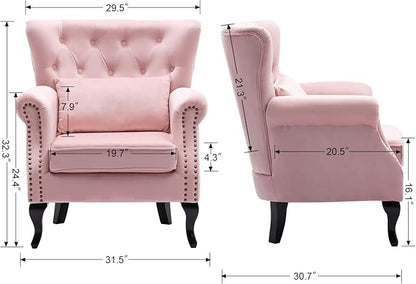 Mid Century Modern Accent Chair Upholstered Armchair Comfy Velvet Fabric Single Sofa with Tufted Wingback for Small Spaces Bedroom Living Room, Pink
