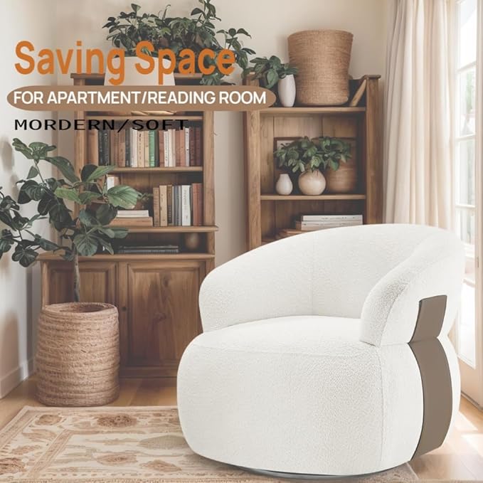 Swivel Barrel Accent Chairs-Modern Round Club Arm Chair Upholstered Living Room Armchair, Single Sofa Seating Bedroom Side Reading Seat for Living Roon Office (White,1 Pack)