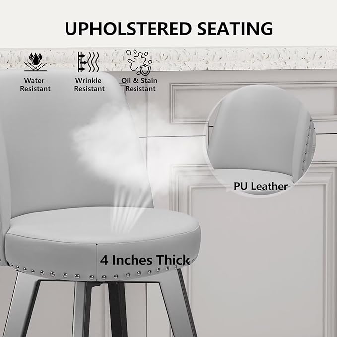 MINCETA Bar Stools Set of 2, PU Leather Barstools, 26 Inch Upholstered Counter Stools with High Back and Footrest, Swivel Counter Height Barstools for Kitchen Island Home Bar Light Gray