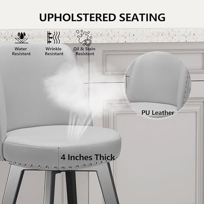 MINCETA Bar Stools Set of 2, PU Leather Barstools, 26 Inch Upholstered Counter Stools with High Back and Footrest, Swivel Counter Height Barstools for Kitchen Island Home Bar Light Gray