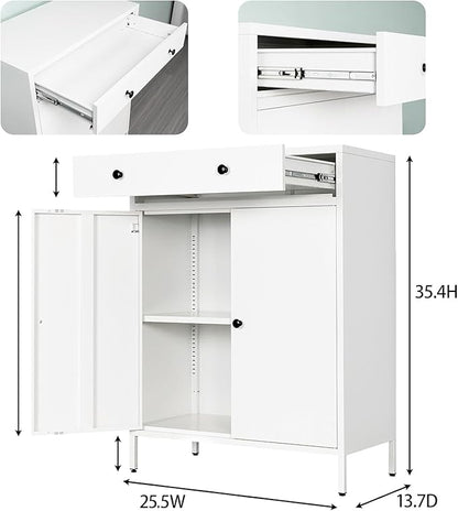 BESFUR Metal Storage Cabinet 35" H,Metal Cabinet with Drawer and Adjustable Shelf for Home Office, Garage,Classroom, Apartment, Warehouse, Utility Room White
